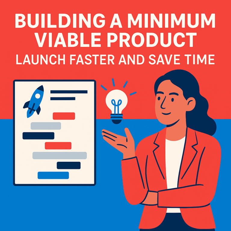 A flat-style digital illustration of a woman in a red blazer holding a glowing lightbulb next to a project board with a rocket and bar chart, symbolizing MVP planning.